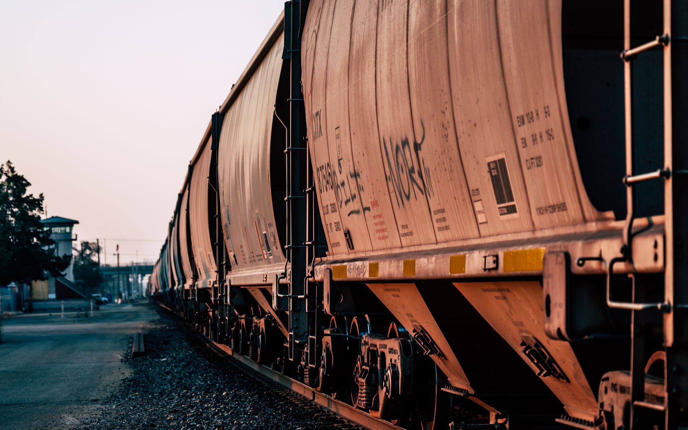 A freight train at dusk
